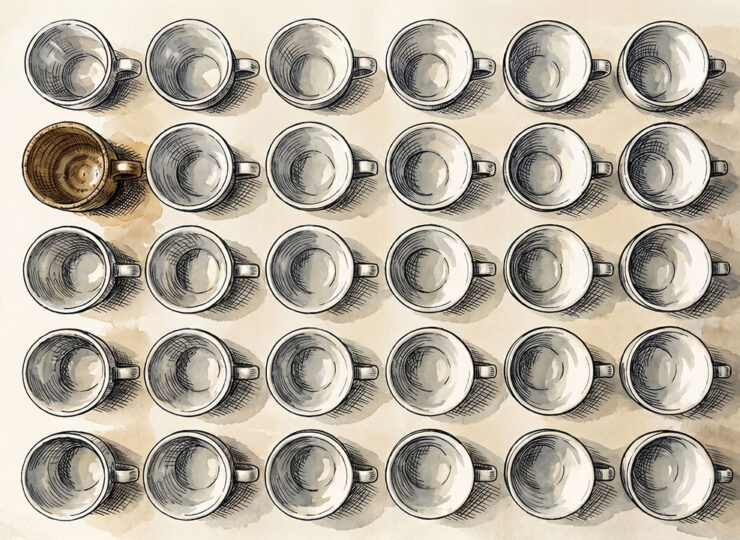 Overhead photograph of identical mass-produced white coffee cups arranged in a grid, with a single handmade ceramic cup breaking the pattern — representing the distinctiveness AI homogenisation tends to strip away.