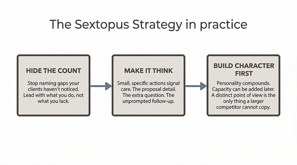 Three-step process diagram: Hide the Count — stop naming gaps clients haven't noticed; Make It Think — small specific actions signal care; Build Character First — personality compounds where capacity cannot