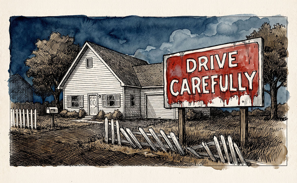 Split illustration of a suburban home. Left side shows a pristine house with a tiny sticker in the window. Right side shows the same house overwhelmed by an enormous, poorly lettered DRIVE CAREFULLY sign covering the front yard.