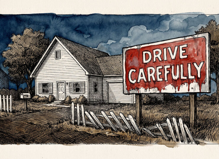 Split illustration of a suburban home. Left side shows a pristine house with a tiny sticker in the window. Right side shows the same house overwhelmed by an enormous, poorly lettered DRIVE CAREFULLY sign covering the front yard.