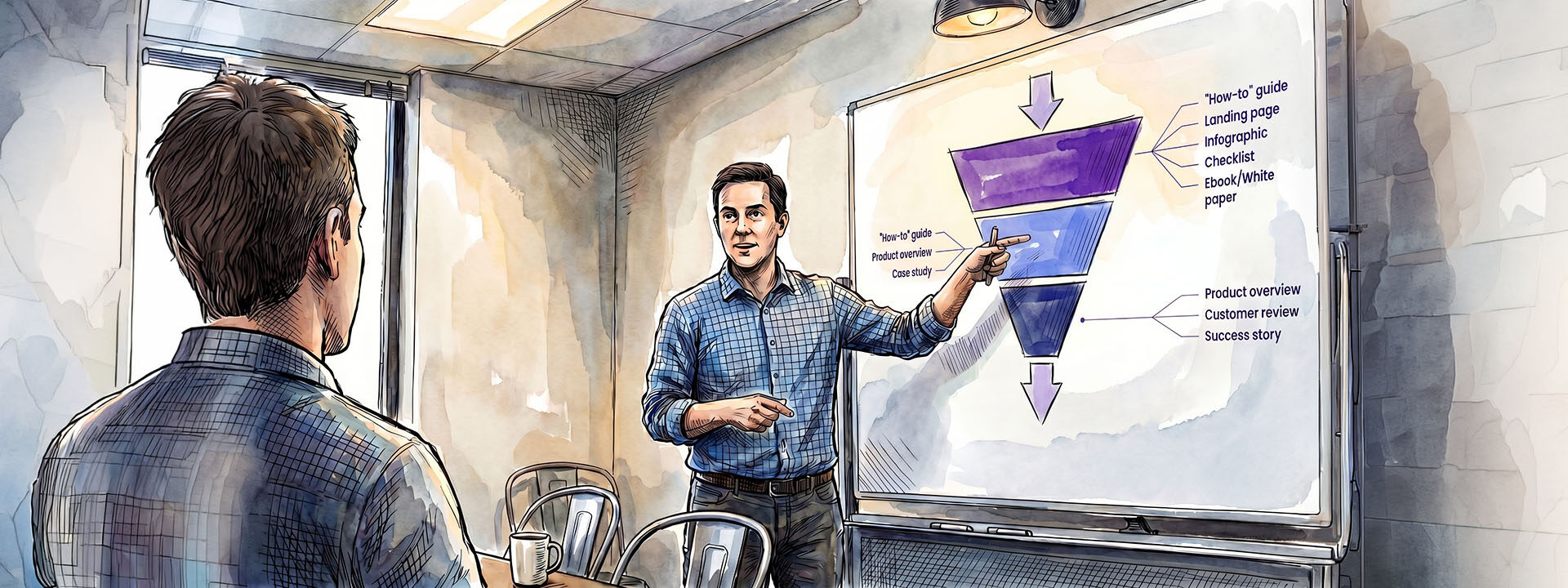 Person mid-explanation at a working whiteboard with rough diagrams, showing a client how something works rather than selling them on it