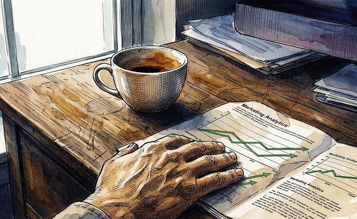 A business owner at a desk reviewing a marketing report, expression unreadable — numbers look good on the page but something isn't adding up.