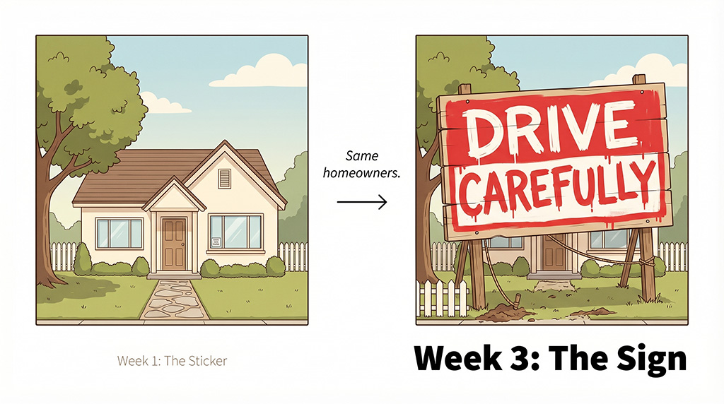 Two-panel illustration showing the same suburban house. Panel 1 labelled 'Week 1' shows a pristine home with a tiny window sticker. Panel 2 labelled 'Week 3' shows the same home with an enormous DRIVE CAREFULLY sign covering the front yard. Caption reads 'Same homeowners.'