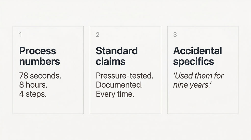 Three categories of specific claims hiding in most businesses: process numbers you've timed, verification steps you document, and accidental specifics inside client testimonials.