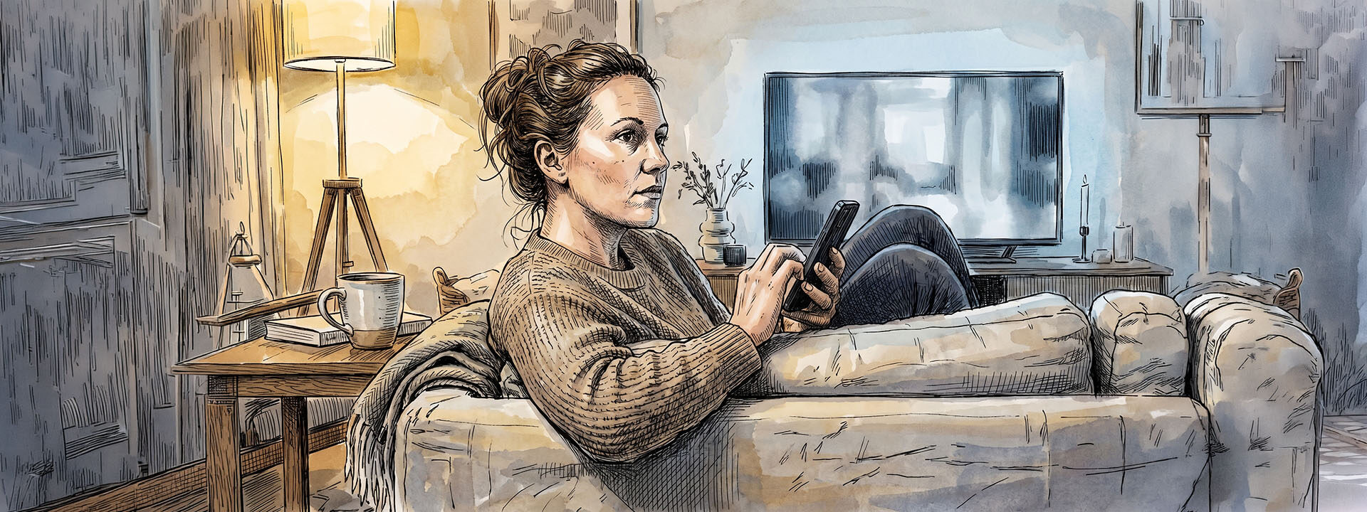Woman sitting on couch at night scrolling through her phone, looking uncertain — illustrating how economic uncertainty affects buyer behaviour and consumer hesitation