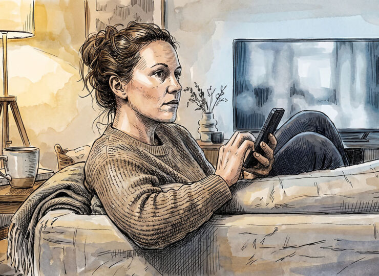 Woman sitting on couch at night scrolling through her phone, looking uncertain — illustrating how economic uncertainty affects buyer behaviour and consumer hesitation