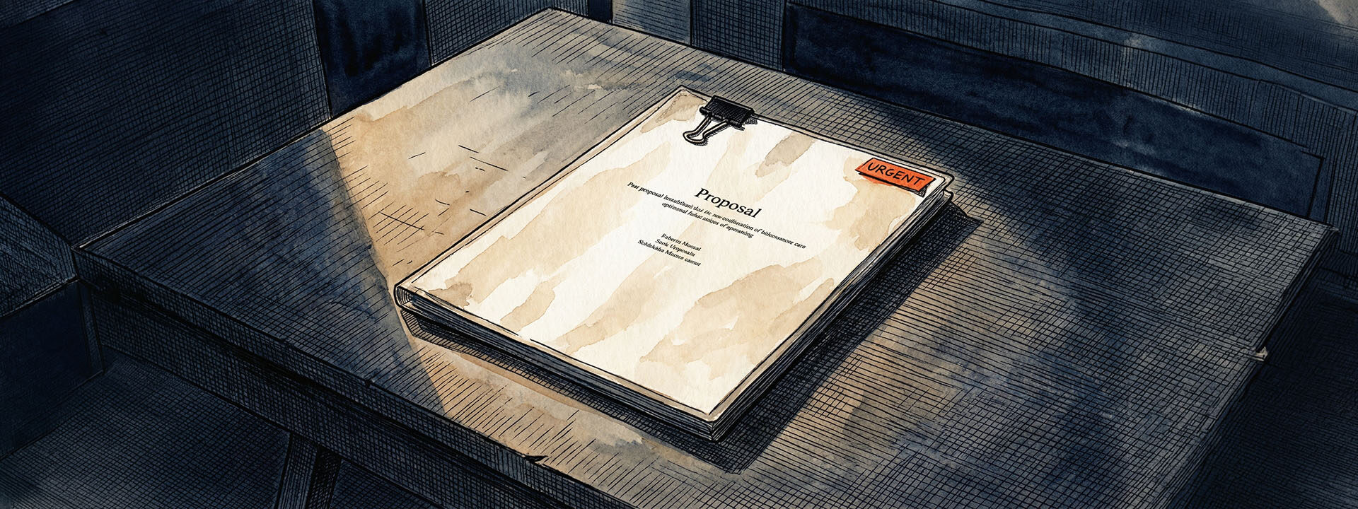 A sealed proposal document sitting untouched on a dark desk — the moment between sending and hearing back that most small business owners are stuck in