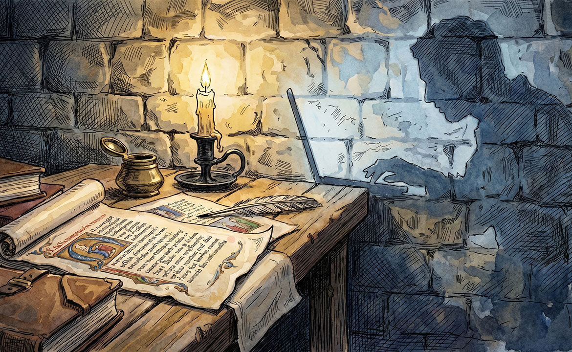 llustration of a monk's writing desk with manuscript and candle; the monk's shadow on the wall is shaped like a person at a laptop
