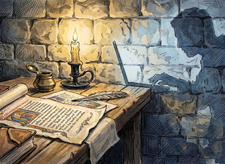 llustration of a monk's writing desk with manuscript and candle; the monk's shadow on the wall is shaped like a person at a laptop