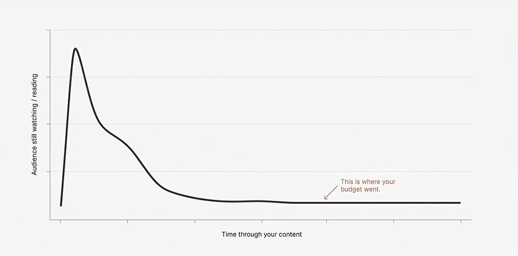 Retention graph showing a single engagement spike at the start of a piece of content followed by a steep flatline — illustrating how attention decays the moment re-interruption stops