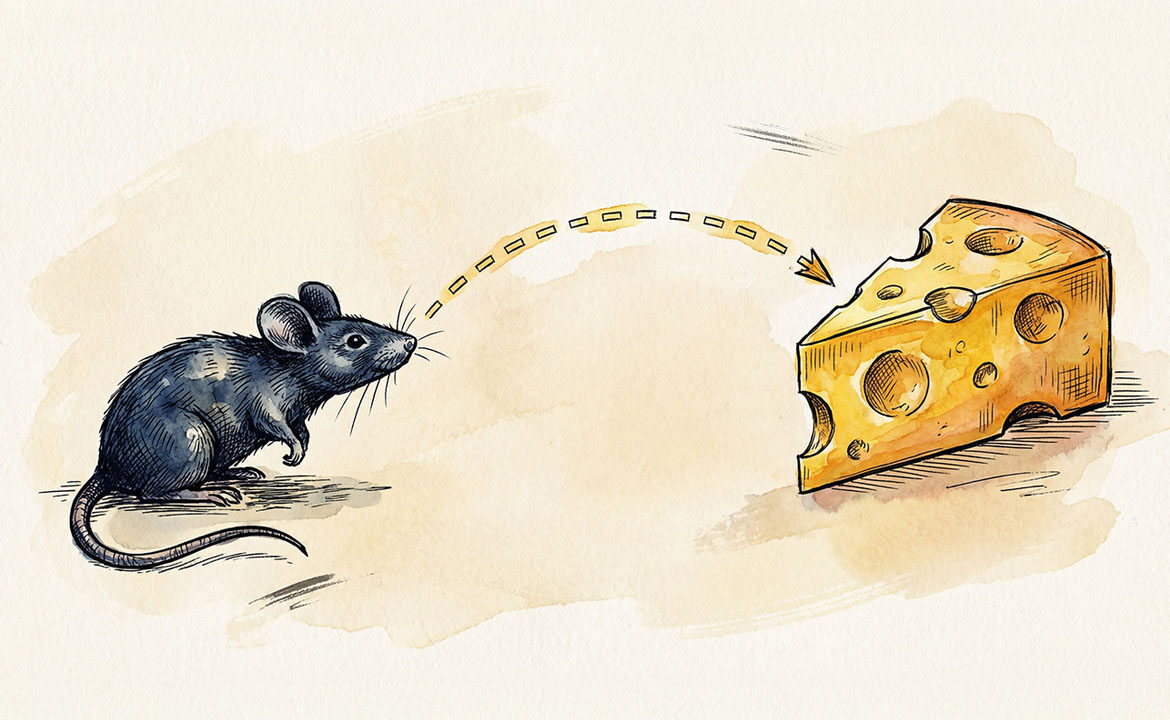 Bold graphic illustration: a mouse in sharp black silhouette, body angled forward in unmistakable desire, locked onto a wedge of vivid yellow cheese. A dotted trail arc connects mouse to cheese — the path of pre-existing motivation. The cheese glows. The mouse was already coming. No brand required.