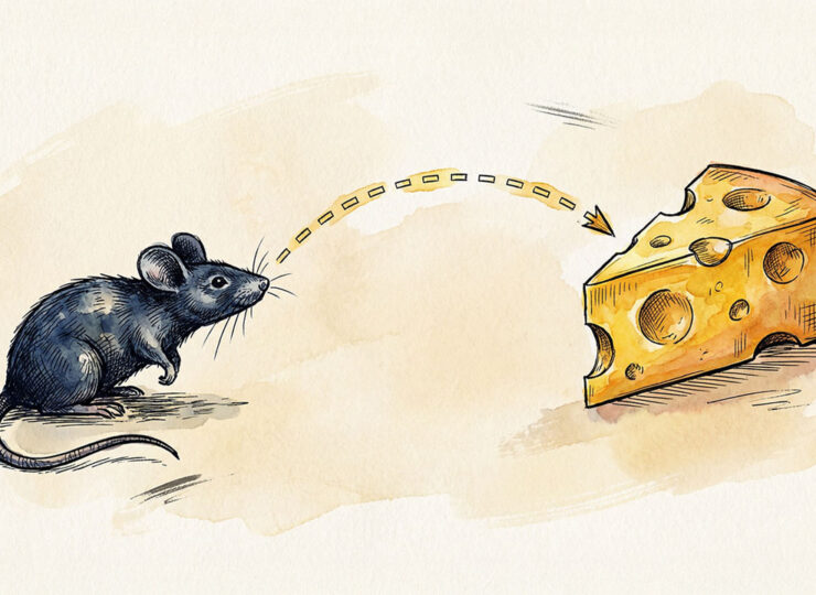 Bold graphic illustration: a mouse in sharp black silhouette, body angled forward in unmistakable desire, locked onto a wedge of vivid yellow cheese. A dotted trail arc connects mouse to cheese — the path of pre-existing motivation. The cheese glows. The mouse was already coming. No brand required.