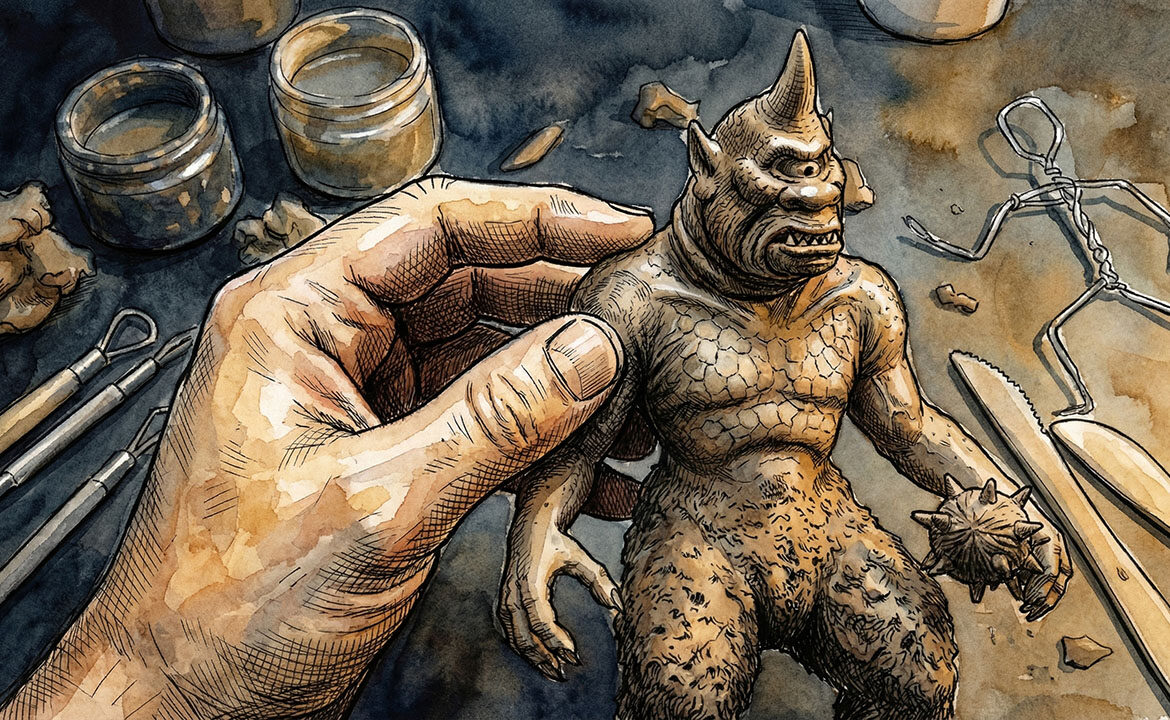 A hand carefully adjusting a small clay figure under warm studio light, tools visible on a dark workbench behind