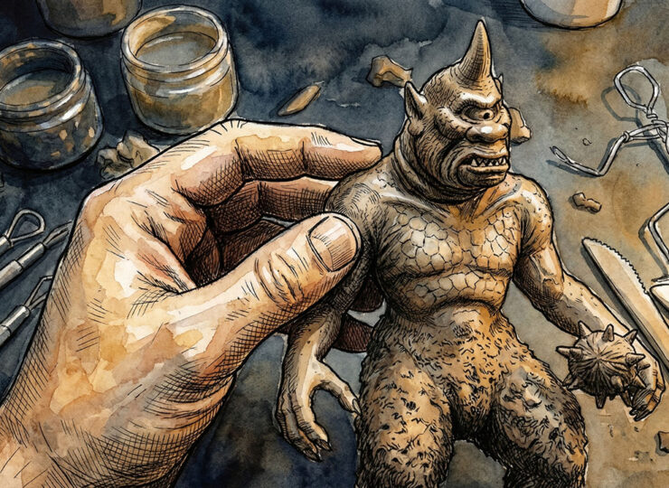 A hand carefully adjusting a small clay figure under warm studio light, tools visible on a dark workbench behind