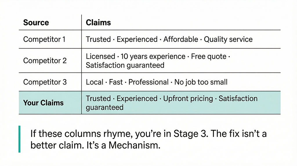 A two-column audit worksheet comparing competitor claims against your own. Three competitor rows and one "Your Claims" row all contain near-identical phrases — Trusted, Experienced, Affordable, Quality service. A callout below reads: "If these columns rhyme, you're in Stage 3.