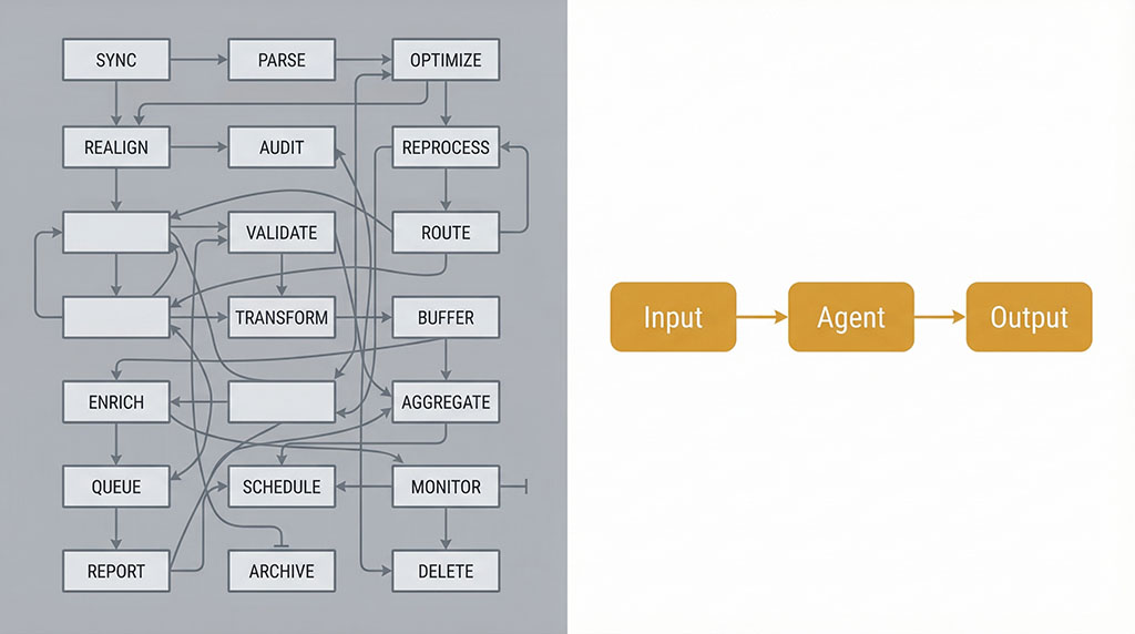 Split illustration showing a dense, jargon-filled flowchart on the left and a clean three-step agent workflow on the right, contrasting AI agency complexity with simple production tools.