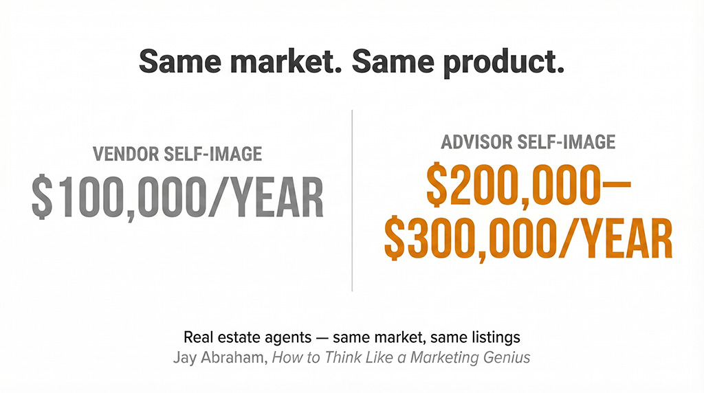Data card showing real estate agents with a vendor self-image earning $100,000 per year versus those with an advisor self-image earning $200,000 to $300,000 — same market, same product