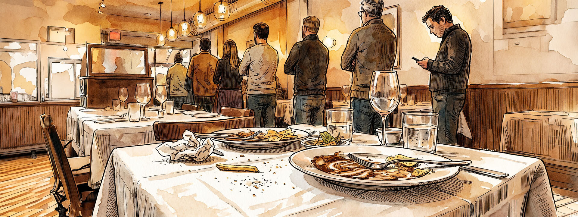 An uncleared restaurant table in the foreground, cluttered with plates, glasses and napkins, with a queue of patient diners waiting in the blurred background — a scene of quiet operational failure.