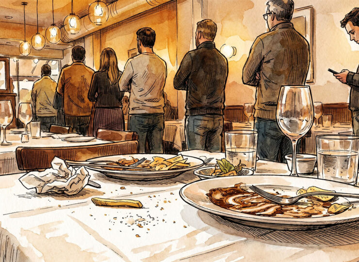 An uncleared restaurant table in the foreground, cluttered with plates, glasses and napkins, with a queue of patient diners waiting in the blurred background — a scene of quiet operational failure.