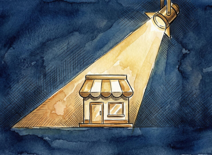 A theatrical spotlight illuminates a small business storefront, representing the idea of engineering a press-worthy moment rather than waiting to be discovered.