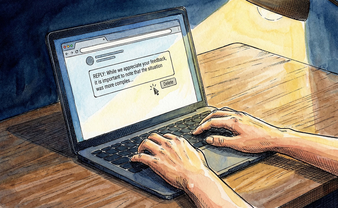 A laptop screen showing a Google review reply box with a half-written defensive response and a cursor hovering over the delete key