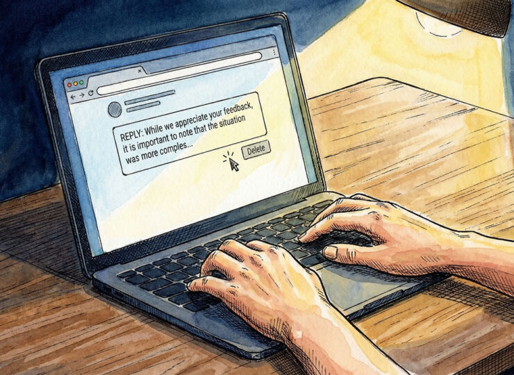 A laptop screen showing a Google review reply box with a half-written defensive response and a cursor hovering over the delete key