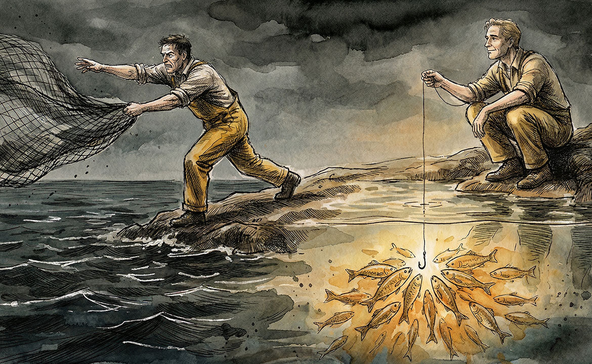 Two fishermen side by side — one casting a wide net into empty open water, the other dropping a single line into a clearly visible school of fish below the surface.