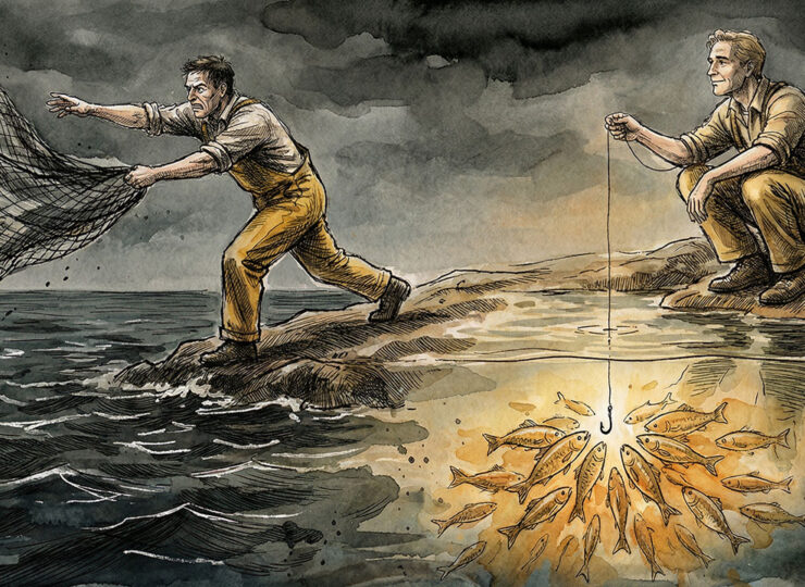 Two fishermen side by side — one casting a wide net into empty open water, the other dropping a single line into a clearly visible school of fish below the surface.