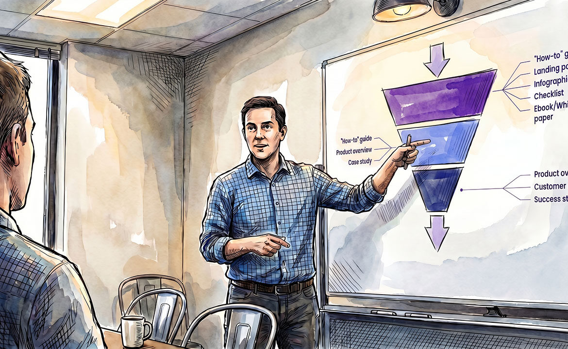 Person mid-explanation at a working whiteboard with rough diagrams, showing a client how something works rather than selling them on it