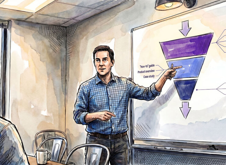 Person mid-explanation at a working whiteboard with rough diagrams, showing a client how something works rather than selling them on it