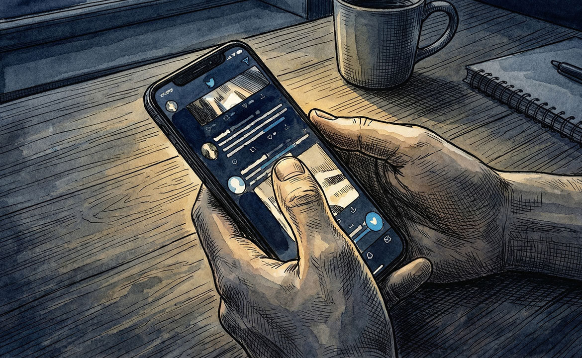 A hand holding a phone mid-scroll, thumb frozen on a piece of content — capturing the precise moment between stopping someone and losing them again