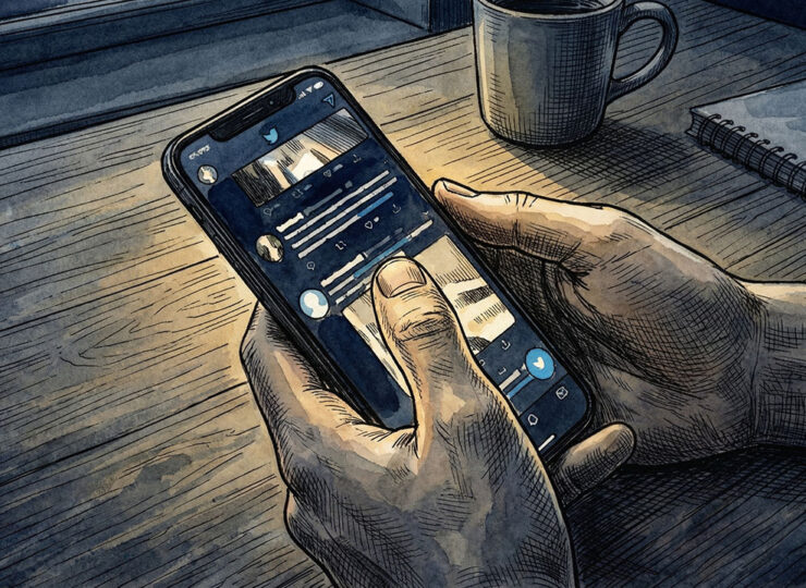 A hand holding a phone mid-scroll, thumb frozen on a piece of content — capturing the precise moment between stopping someone and losing them again