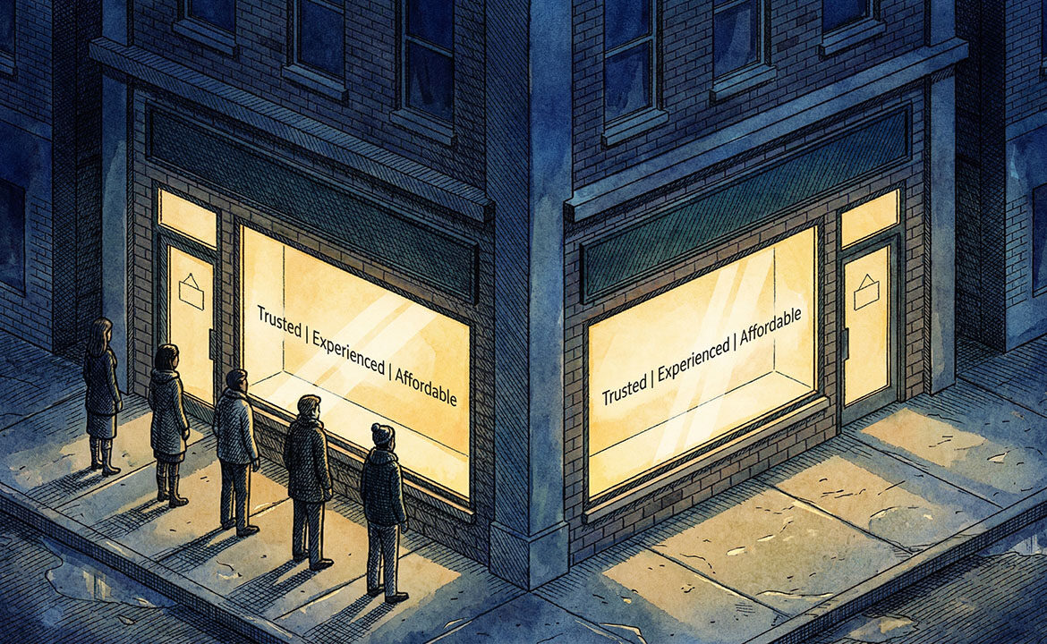 Two identical storefronts side by side — one with a long queue of customers, one empty — despite displaying the same "Trusted, Experienced, Affordable" signage.