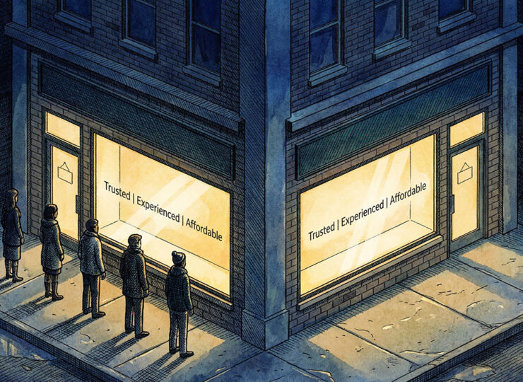 Two identical storefronts side by side — one with a long queue of customers, one empty — despite displaying the same "Trusted, Experienced, Affordable" signage.