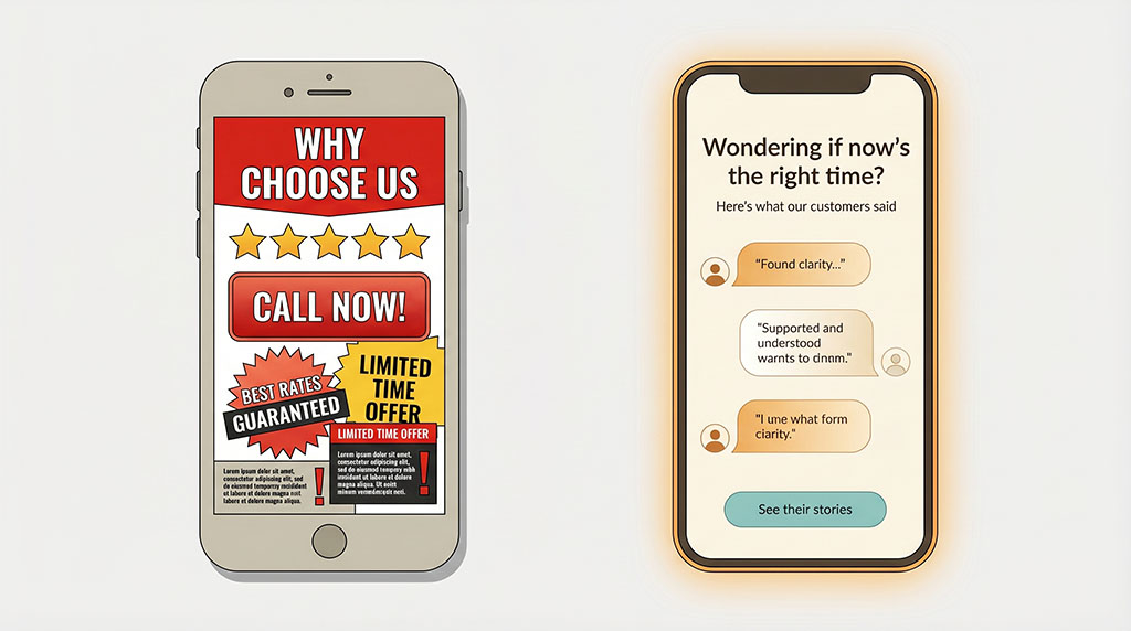 Side-by-side comparison of two marketing approaches: a generic competitive ad versus an empathetic message designed for uncertain buyers, illustrating the difference in strategy during economic uncertainty