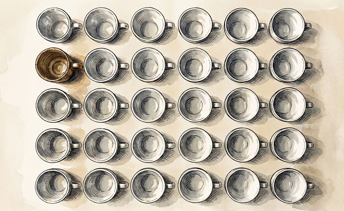 Overhead photograph of identical mass-produced white coffee cups arranged in a grid, with a single handmade ceramic cup breaking the pattern — representing the distinctiveness AI homogenisation tends to strip away.