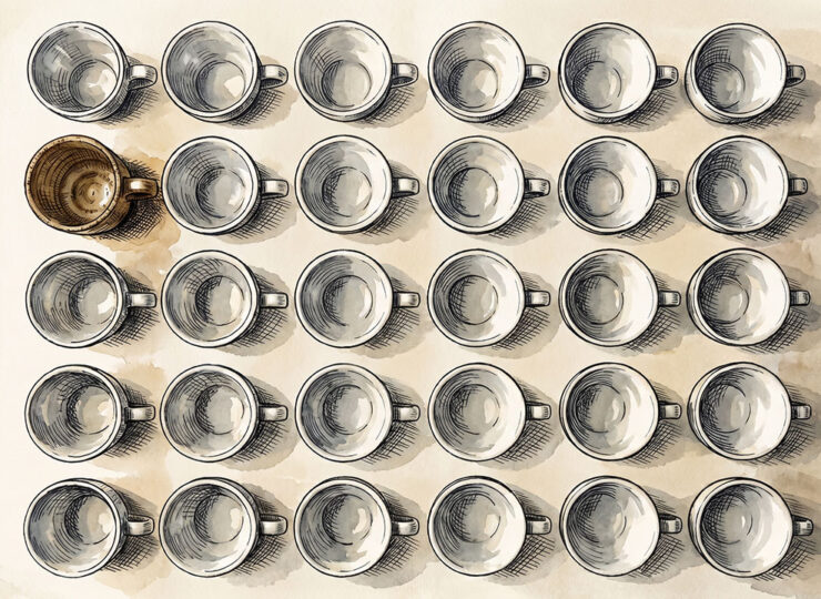 Overhead photograph of identical mass-produced white coffee cups arranged in a grid, with a single handmade ceramic cup breaking the pattern — representing the distinctiveness AI homogenisation tends to strip away.