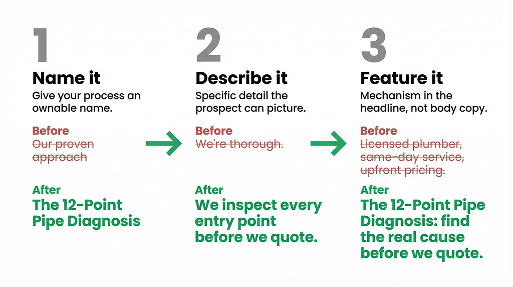 Three-step Mechanism Builder framework. Step 1 Name It: before "our proven approach," after "The 12-Point Pipe Diagnosis." Step 2 Describe It: before "we're thorough," after "we inspect every entry point before we quote." Step 3 Feature It: before "Licensed plumber, same-day service, upfront pricing," after "The 12-Point Pipe Diagnosis: find the real cause before we quote.