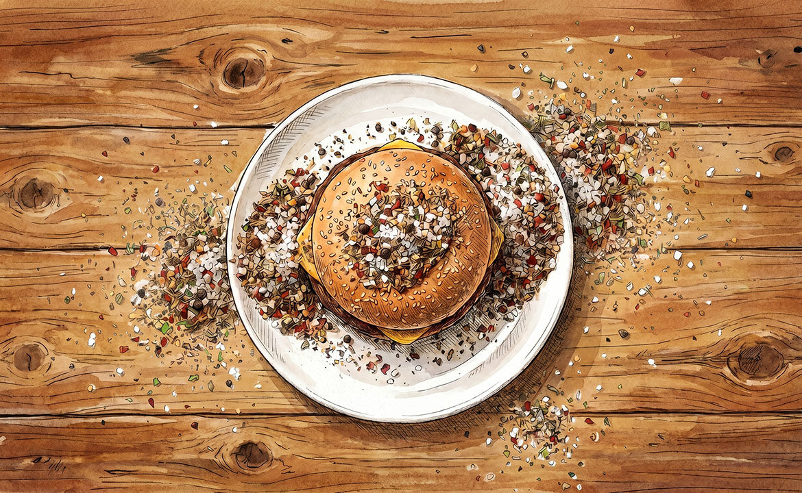 Five seasoning bottles pouring simultaneously onto a single chicken breast, illustrating how multiple cultural trends applied at once drown the core product.