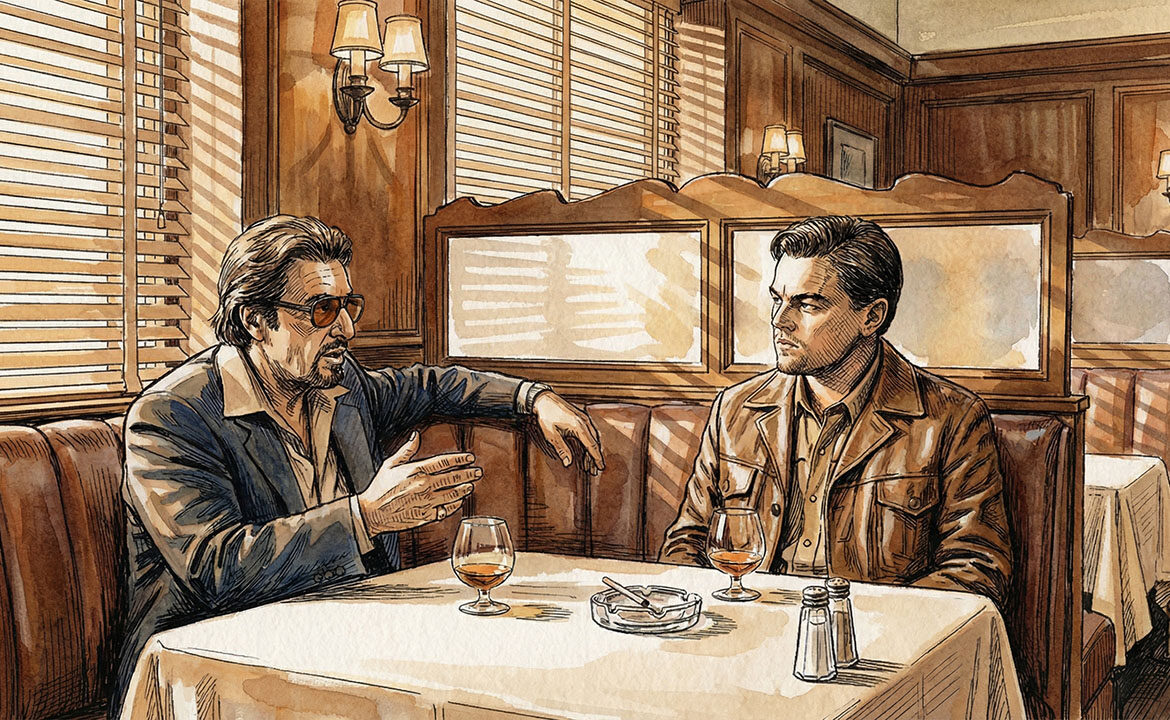 Two men in a 1960s hotel bar — one pitching, one listening — evoking the persuasion scene from Once Upon a Time in Hollywood.