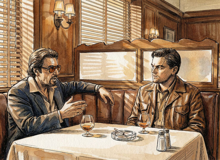 Two men in a 1960s hotel bar — one pitching, one listening — evoking the persuasion scene from Once Upon a Time in Hollywood.