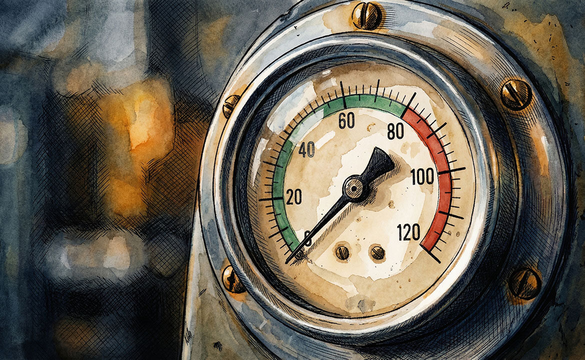 Extreme close-up of a single vintage pressure gauge