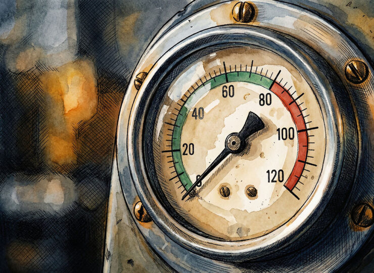 Extreme close-up of a single vintage pressure gauge