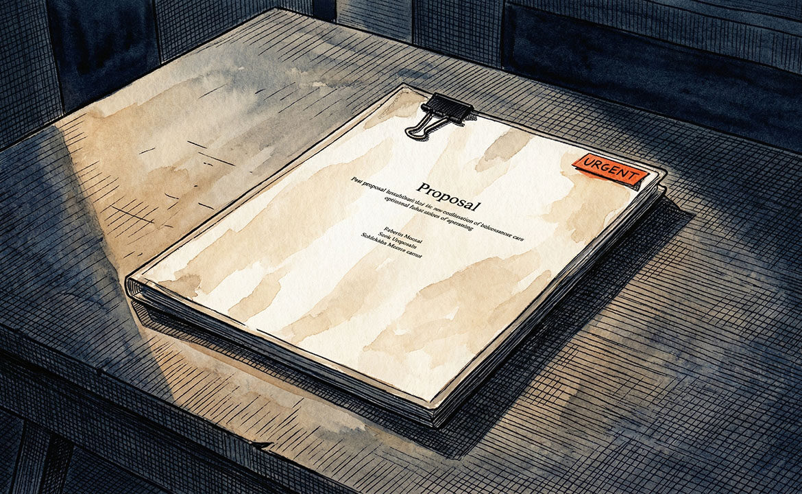 A sealed proposal document sitting untouched on a dark desk — the moment between sending and hearing back that most small business owners are stuck in
