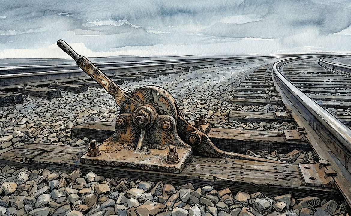 An iron railway switch lever at the divergence point of two tracks, one leading to a distant horizon, the other curving away out of frame