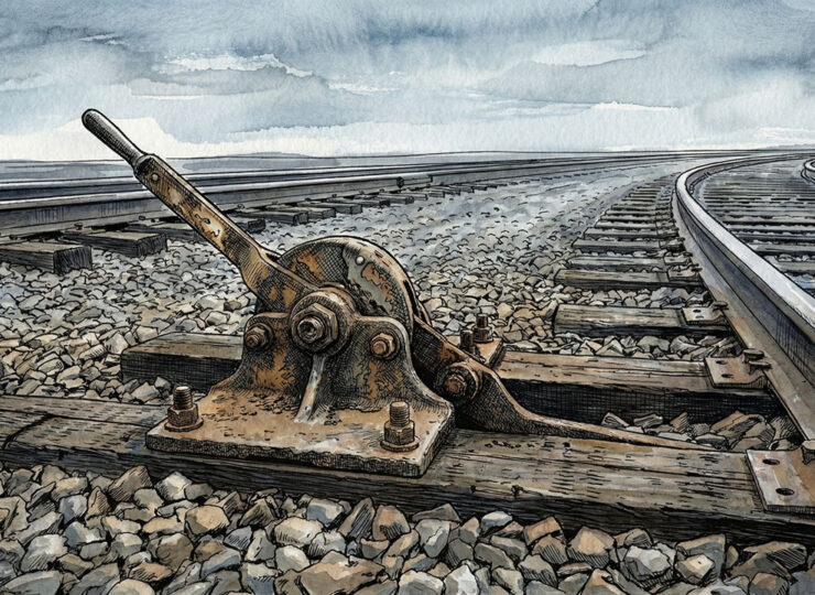 An iron railway switch lever at the divergence point of two tracks, one leading to a distant horizon, the other curving away out of frame