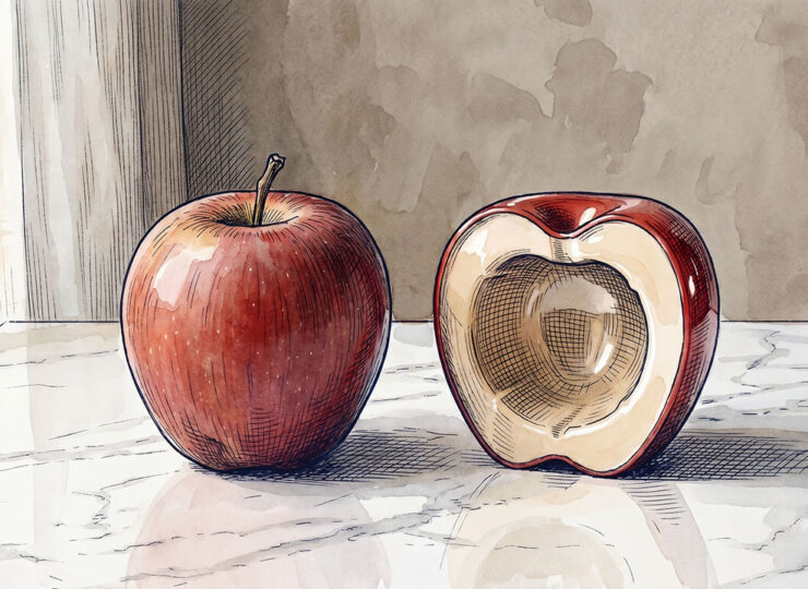 A real apple next to a wax apple with a bite taken out revealing its hollow interior — both appear identical at first glance