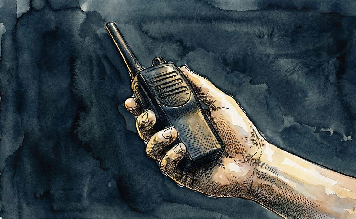 A plain handheld radio held in one hand against a dark background — the same object that became 250,000 Pocket CBs once someone found the right concept for it.