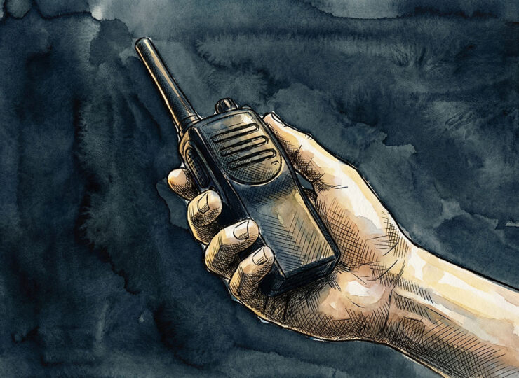 A plain handheld radio held in one hand against a dark background — the same object that became 250,000 Pocket CBs once someone found the right concept for it.