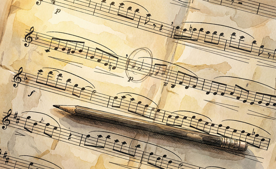 Overhead view of a handwritten sheet of music notation mid-phrase, with one note circled in pencil. A graphite pencil rests across the lower third of the page. The image represents the discipline of stopping at the exact moment of error — the core of deliberate practice.